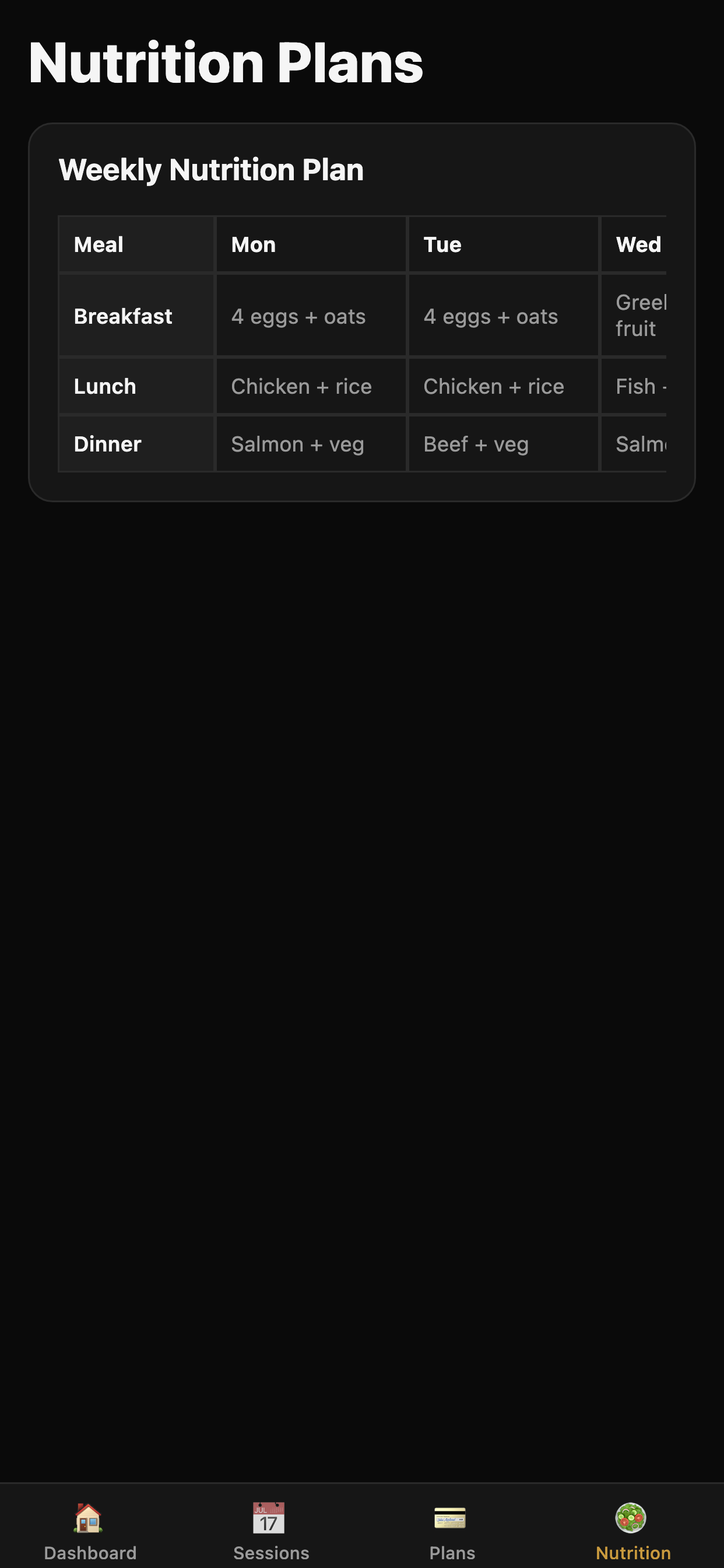 Nutrition plan screen