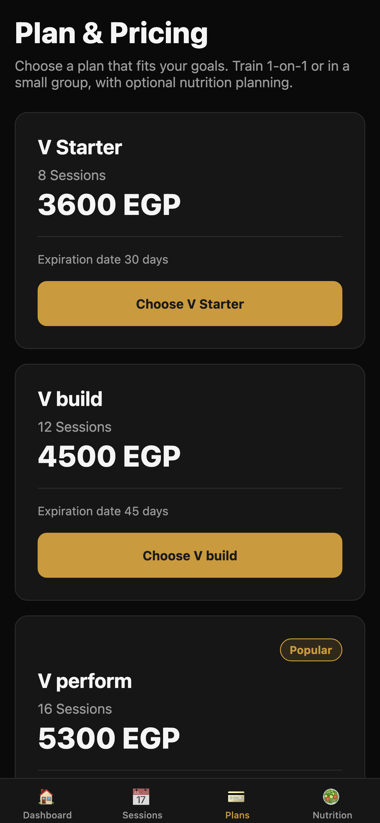 Plans and pricing screen