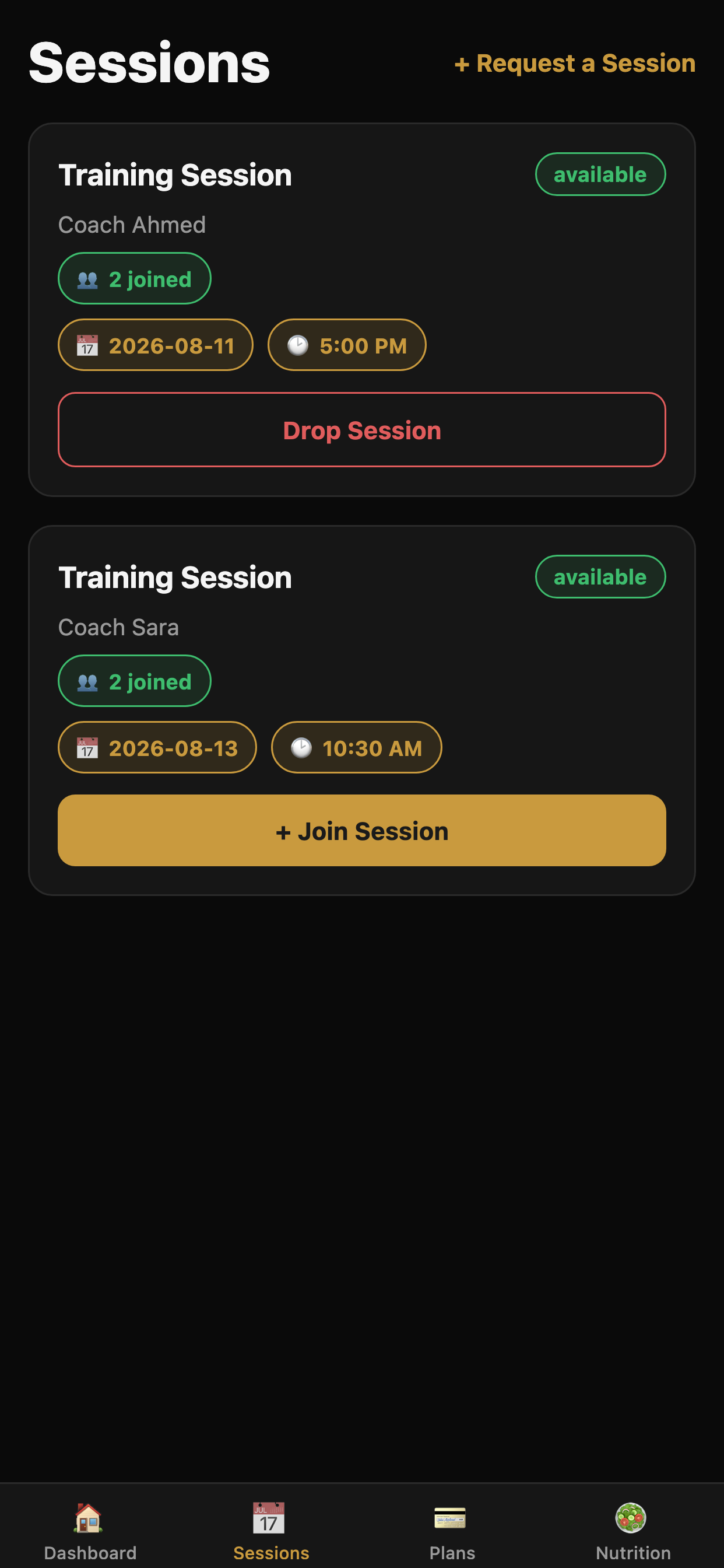 Session booking screen